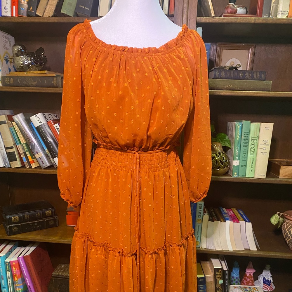 Orange Ruffled Long Sleeve Wedding Guest Dress